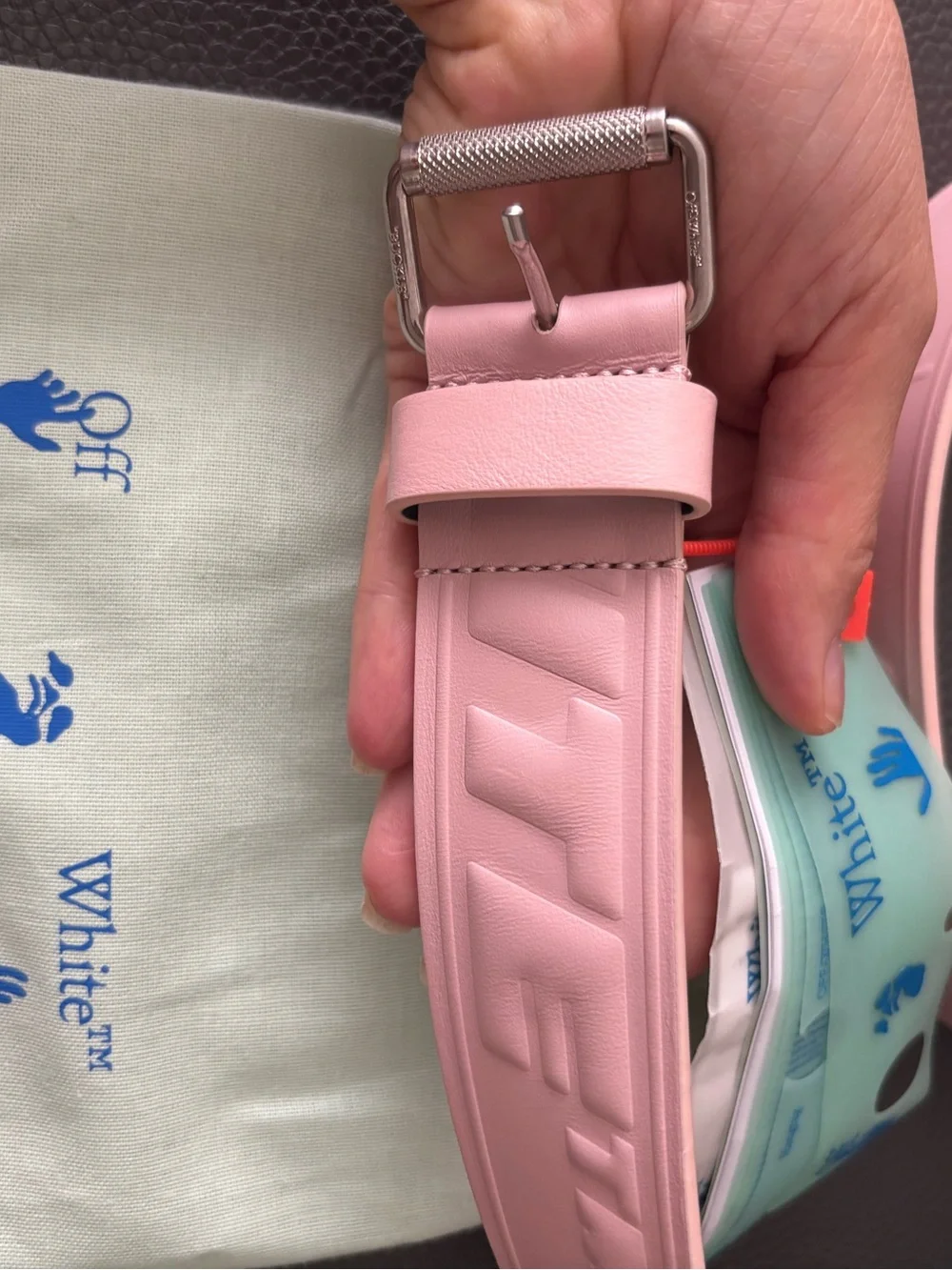 Off-White Pink and Black Leather Logo Belt